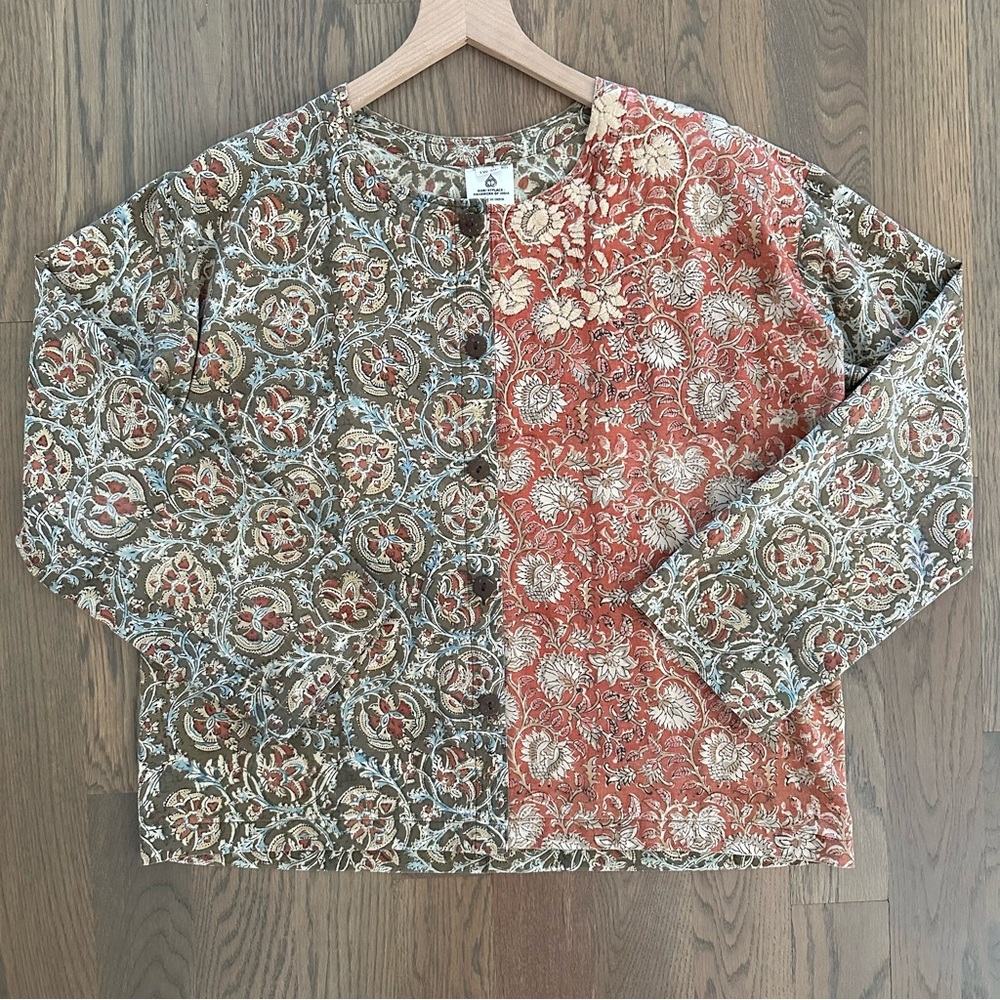 Marketplace Handwork of India Block Print Embroidered Blouse Red, Olive Medium
